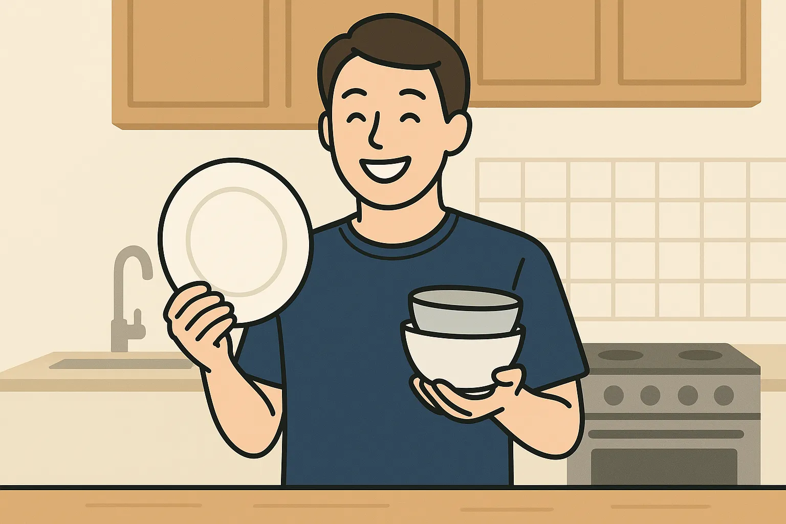 初めての一人暮らしでおすすめの食器を手に、嬉しそうな表情を浮かべる男性