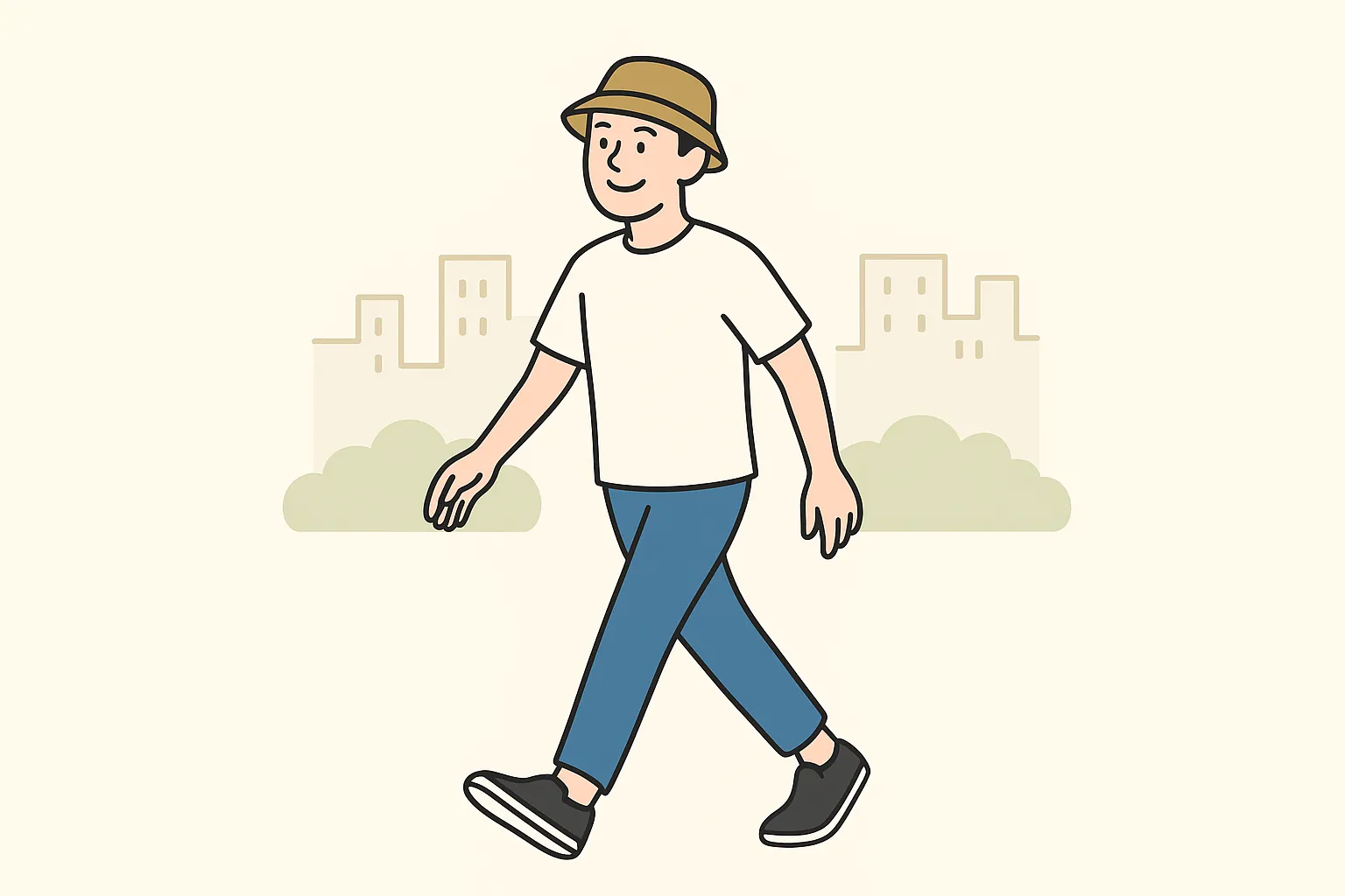 街中で帽子（バケットハット）をかぶって歩く20～30代の男性