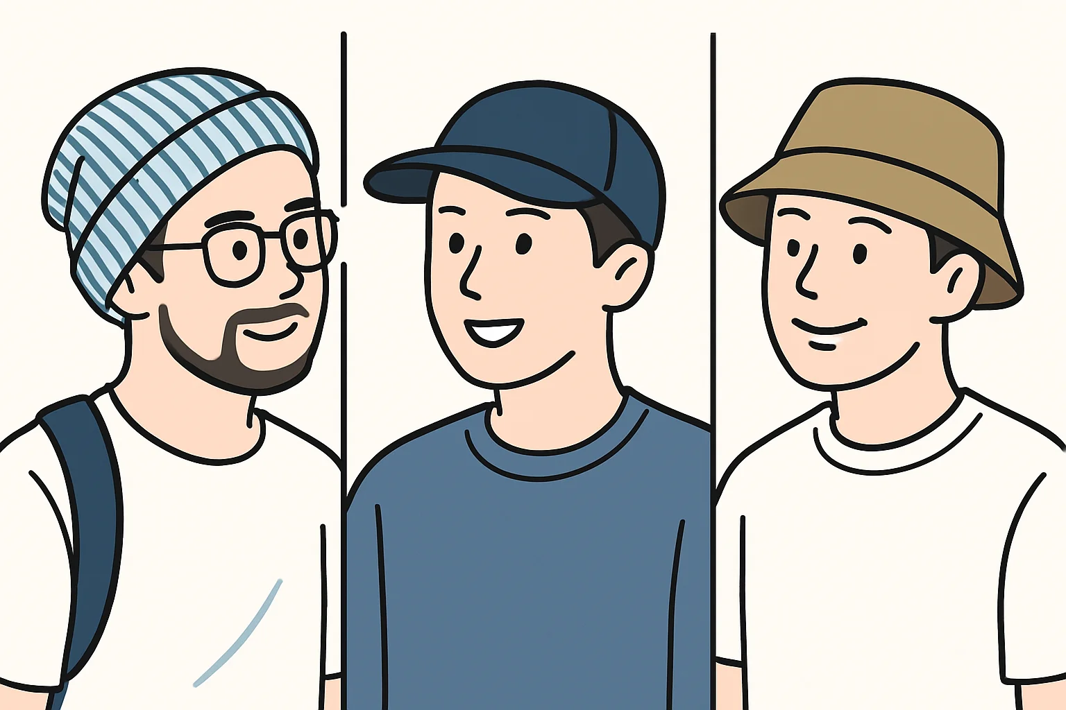 キャップ・バケハ・ニット帽をかぶった男性のイラスト（夏の帽子スタイル紹介用）